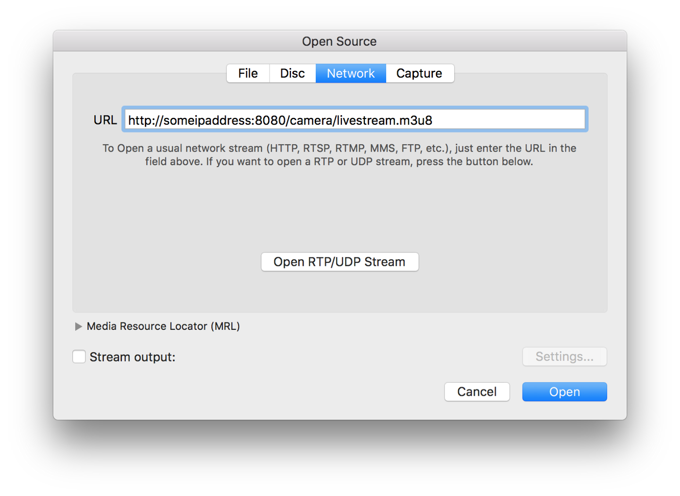 Screenshot of VLC Source network configuration with the URL &lsquo;http://someipaddress:8080/camera/livestream.m3u8&rsquo;